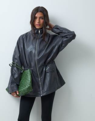 Asos Design Cinched Waist Leather Look Harrington Jacket In Navy