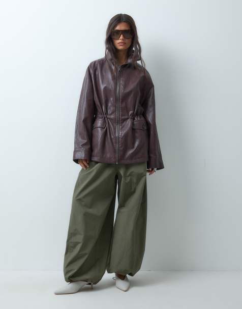 ASOS DESIGN cinched waist leather look harrington jacket in mocha - view 1