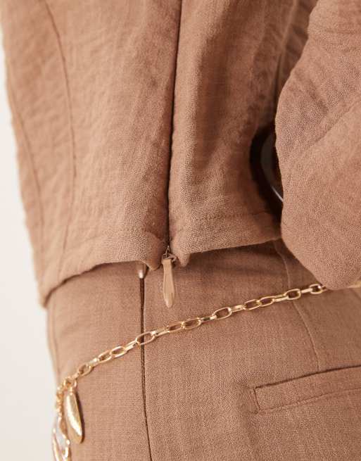 ASOS DESIGN cinched waist long sleeve top with tie back co-ord in taupe, 4 of 4