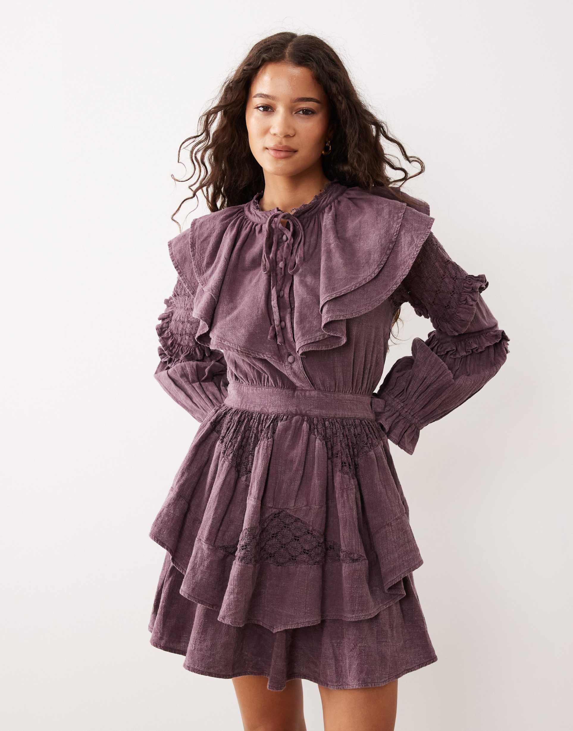 asos design cinched waist mini dress with ruffle details and lace inserts in burgundy