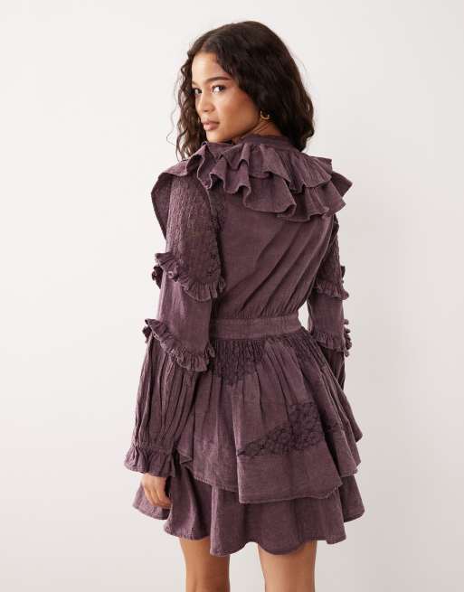 ASOS DESIGN cinched waist mini dress with ruffle details and lace inserts in burgundy, 4 of 4