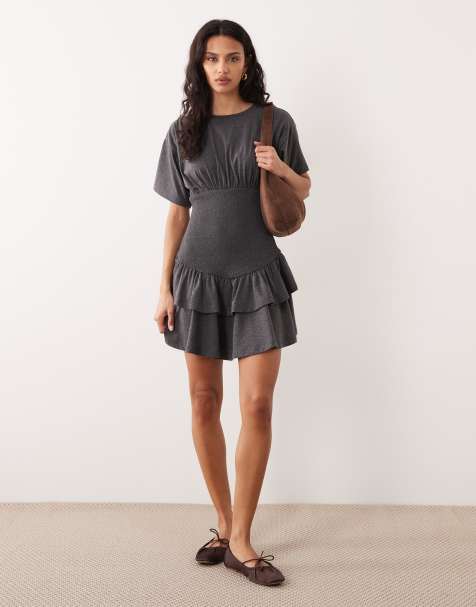 ASOS DESIGN cinched waist mini T-shirt dress with ruffle skirt in gray heather - view 1
