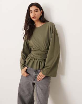 Asos Design Cinched Waist Peplum Hem Long Sleeve T-shirt In Green