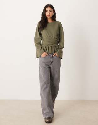 Asos Design Cinched Waist Peplum Hem Long Sleeve T-shirt In Green