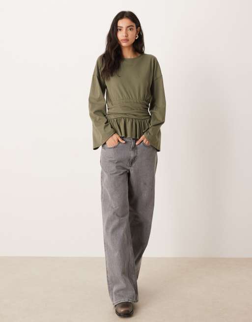 ASOS DESIGN cinched waist peplum hem long sleeve t-shirt in olive, 2 of 4