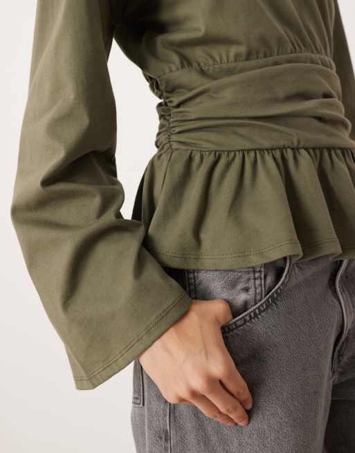 ASOS DESIGN cinched waist peplum hem long sleeve t-shirt in olive, 4 of 4