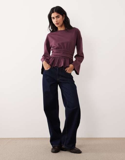 ASOS DESIGN cinched waist peplum hem long sleeve T-shirt in plum, 2 of 4