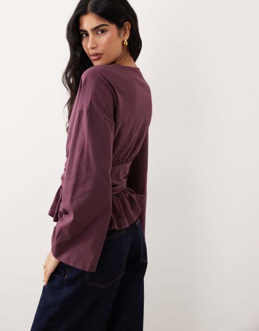 ASOS DESIGN cinched waist peplum hem long sleeve T-shirt in plum, 4 of 4