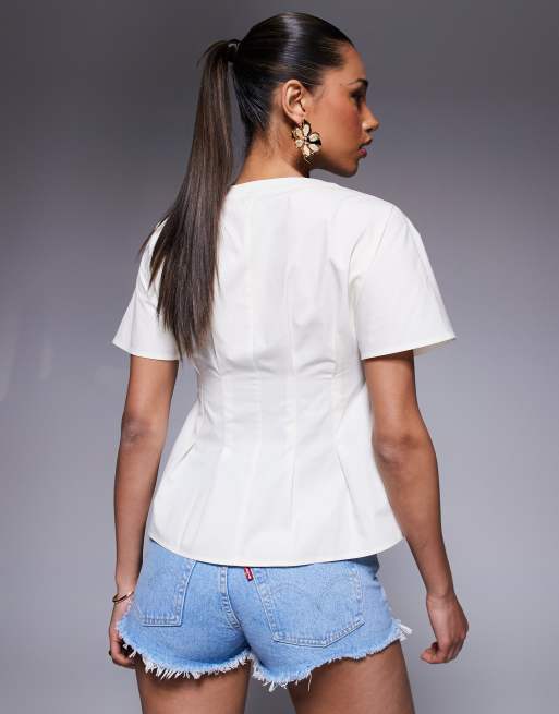 ASOS DESIGN cinched waist pleat detail button front top in off white, 4 of 4