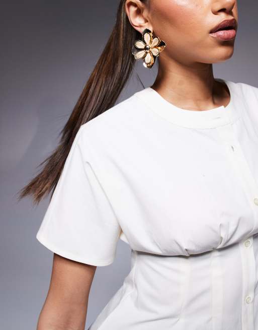 ASOS DESIGN cinched waist pleat details button front top in off white