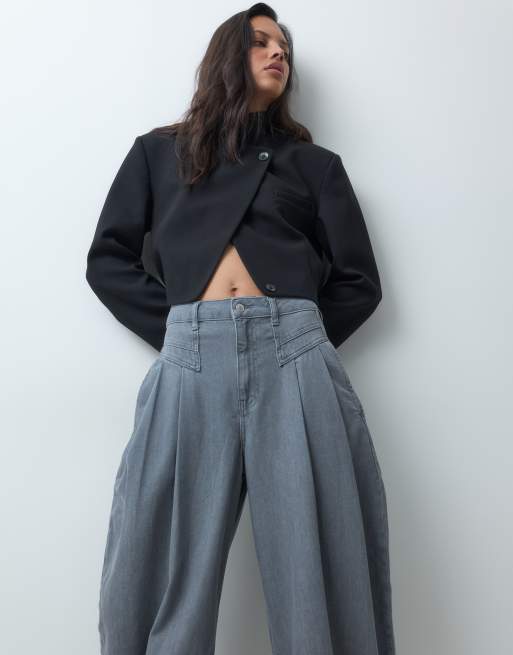 ASOS DESIGN cinched waist seam detail wide jean in wash black, 3 of 5