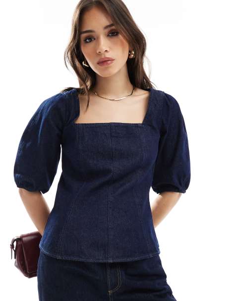 ASOS DESIGN cinched waist seamed top in denim - view 1