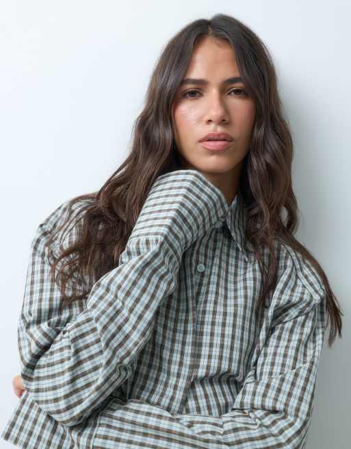 ASOS DESIGN cinched waist shirt in blue check, 2 of 8