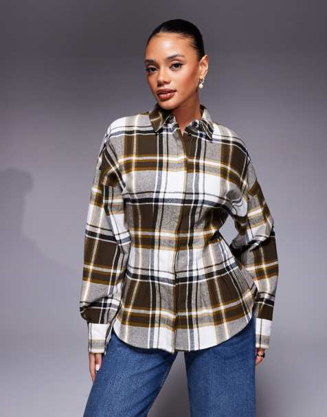 ASOS DESIGN cinched waist shirt in khaki check - view 1