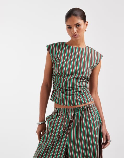 ASOS DESIGN cinched waist singlet in green and chocolate stripe (Part of a set) - view 1