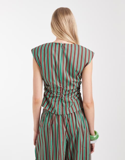 ASOS DESIGN cinched waist singlet in green and chocolate stripe (Part of a set), 2 of 7
