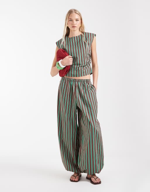 ASOS DESIGN cinched waist singlet in green and chocolate stripe (Part of a set), 3 of 7