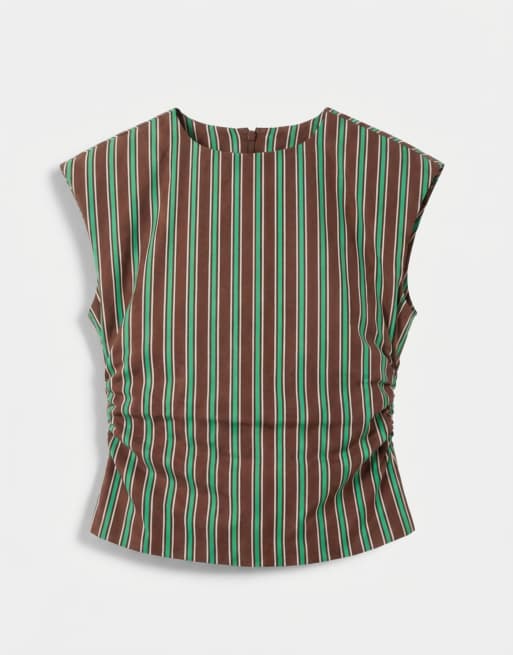 ASOS DESIGN cinched waist singlet in green and chocolate stripe (Part of a set), 5 of 7