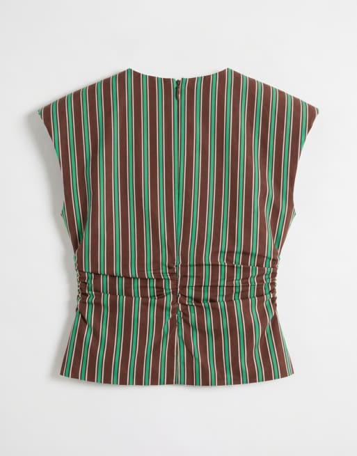 ASOS DESIGN cinched waist singlet in green and chocolate stripe (Part of a set), 6 of 7