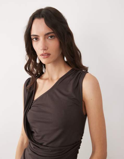 ASOS DESIGN cinched waist sleeveless draped top in chocolate - view 1