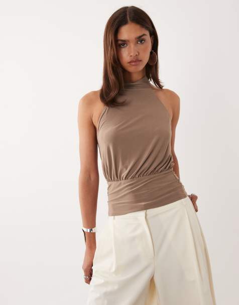 ASOS DESIGN cinched waist slinky top in brown - view 1