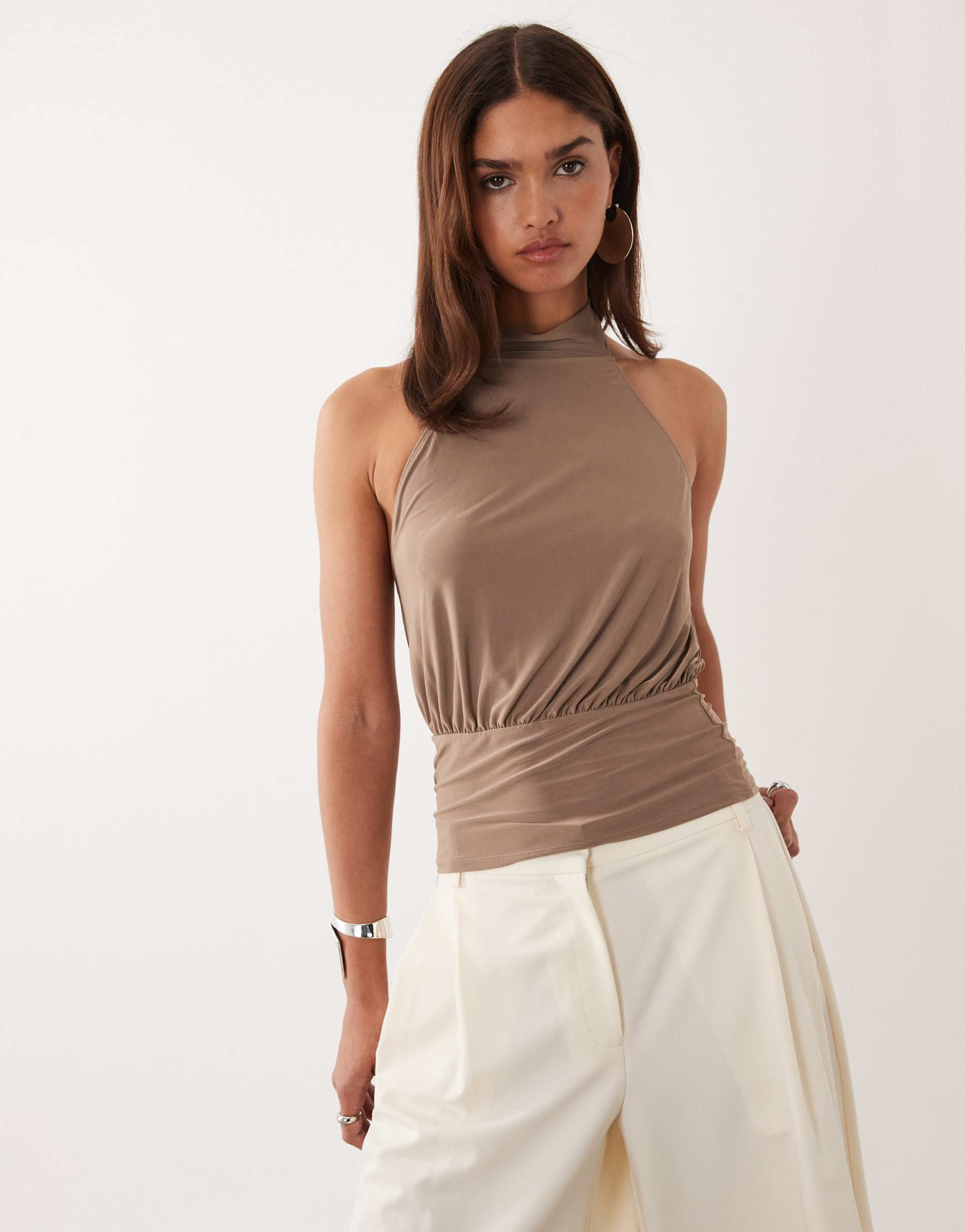 asos design cinched waist slinky top in brown