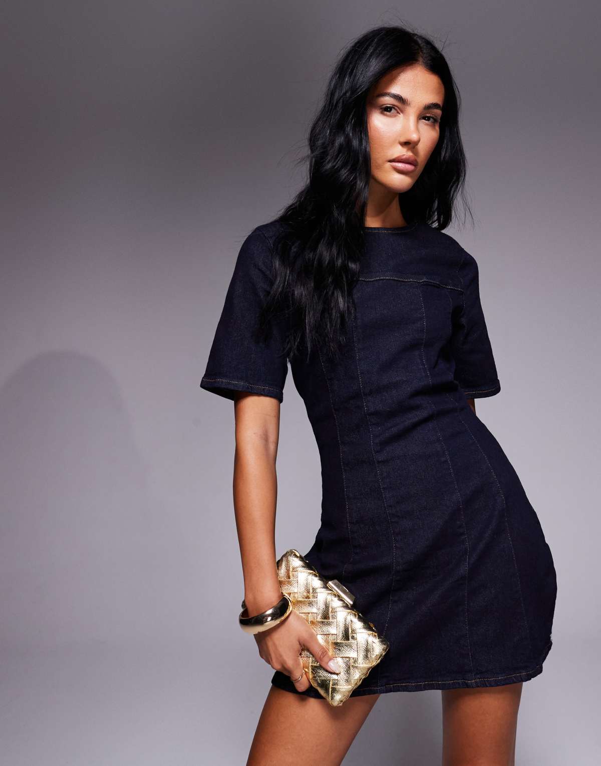 ASOS DESIGN cinched waist structured denim mini dress in rinse wash