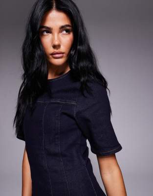 Asos Design Cinched Waist Structured Denim Mini Dress In Blue