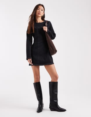 Asos Design Cinched Waist Structured Denim Mini Dress With Long Sleeve-black