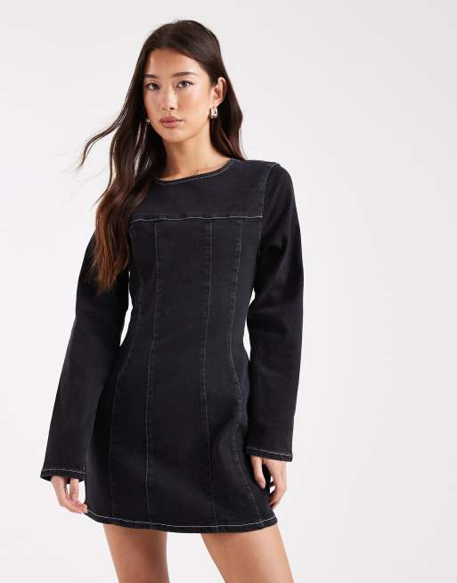 ASOS DESIGN cinched waist structured denim mini dress with long sleeve, 3 of 4