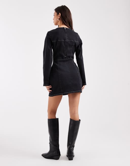 ASOS DESIGN cinched waist structured denim mini dress with long sleeve, 4 of 4
