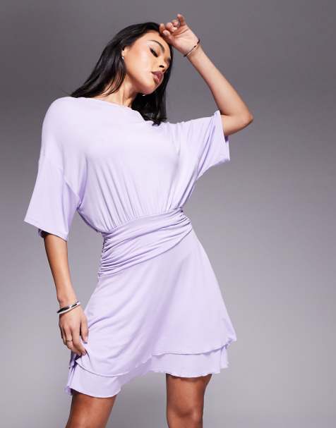 ASOS DESIGN cinched waist T-shirt mini dress with ruffle hem in lilac - view 1