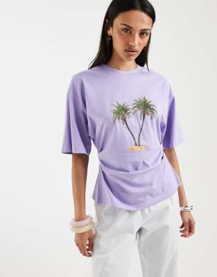 Asos Design Cinched Waist T-shirt With Palm Graphic In Purple