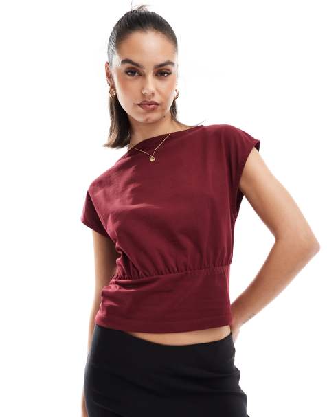 ASOS DESIGN cinched waist top in burgundy - view 1