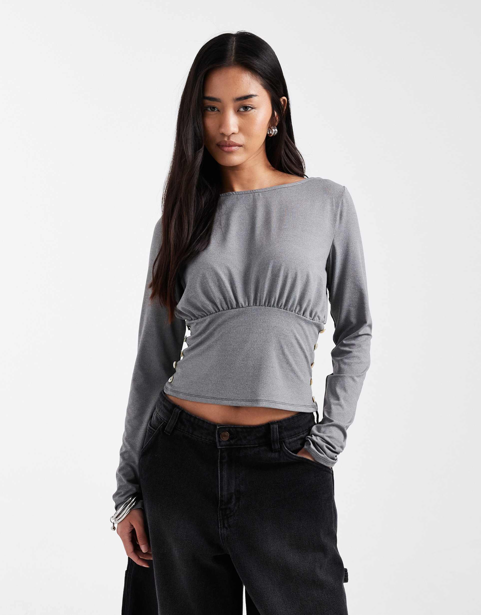asos design cinched waist top with button detailing in heather gray - part of a set