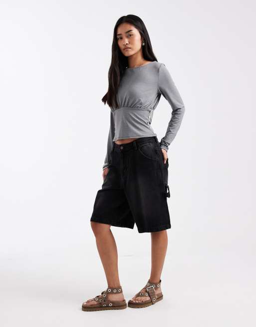 ASOS DESIGN cinched waist top with button detailing in heather gray - part of a set, 4 of 4