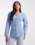 [ASOS DESIGN] ASOS DESIGN cinched waist v neck denim shirt with shoulder pad in pale bleach-Blue 14 Pale bleach