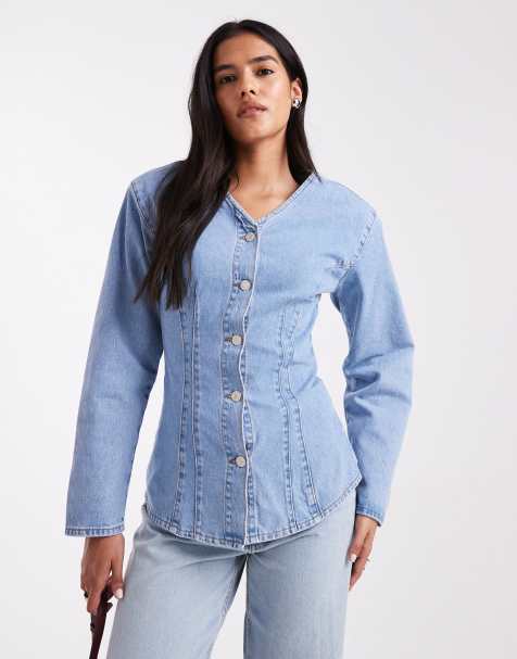 ASOS DESIGN cinched waist v neck denim shirt with shoulder pads in pale bleach - view 1