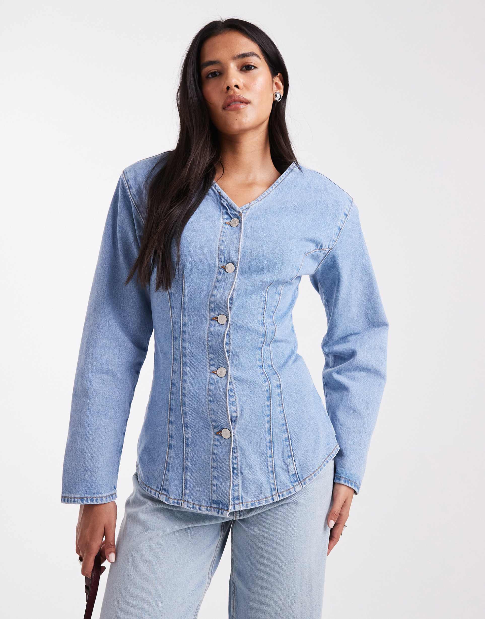 asos design cinched waist v neck denim shirt with shoulder pads in pale bleach