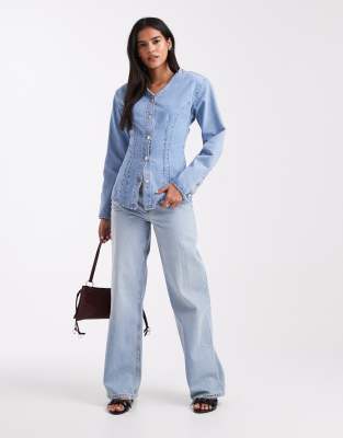 Asos Design Cinched Waist V Neck Denim Shirt With Shoulder Pads In Blue