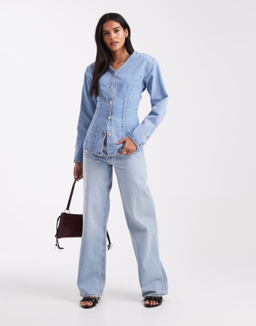 ASOS DESIGN cinched waist v neck denim shirt with shoulder pads in pale bleach, 2 of 4