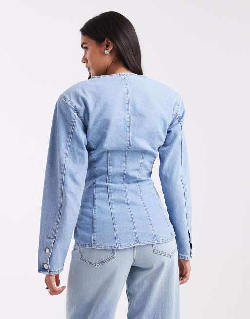 ASOS DESIGN cinched waist v neck denim shirt with shoulder pads in pale bleach, 3 of 4