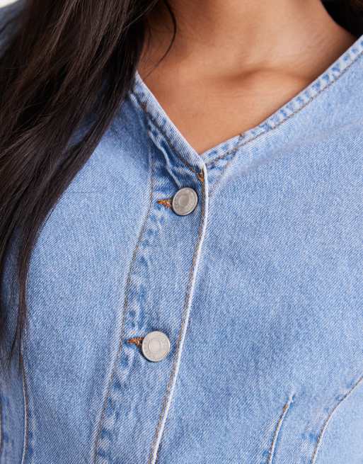 ASOS DESIGN cinched waist v neck denim shirt with shoulder pads in pale bleach, 4 of 4