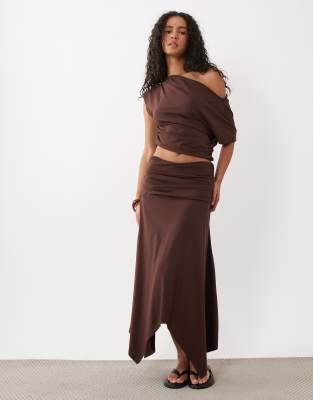 Asos Design Cinched Waist With Asymmetric Hem Midi Skirt In Brown