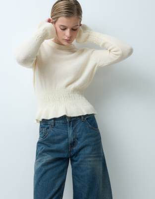 Asos Design Cinched Waist Wool Blend Sweater With Balloon Sleeves In White