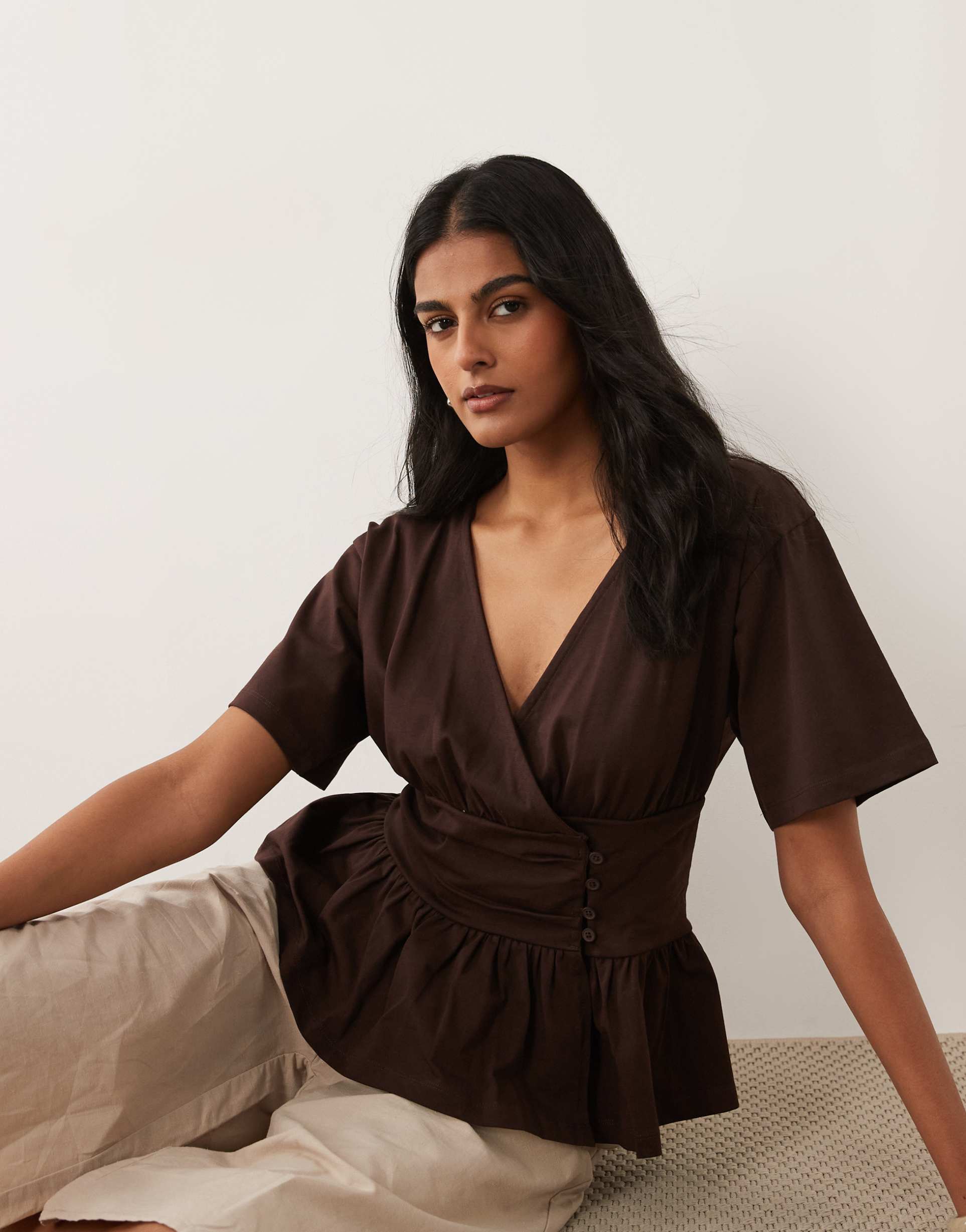 asos design cinched waist wrap top in chocolate