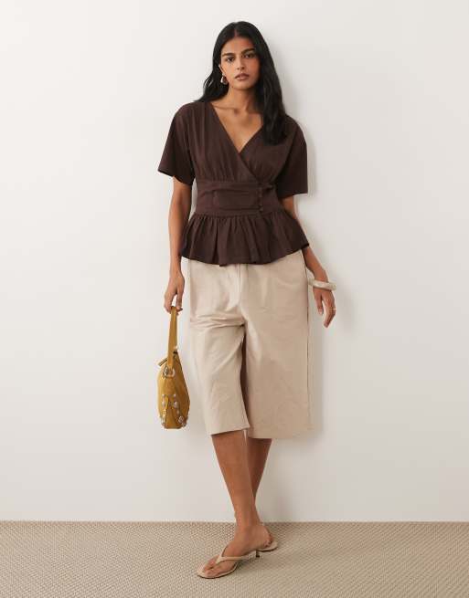 ASOS DESIGN cinched waist wrap top in chocolate, 2 of 4