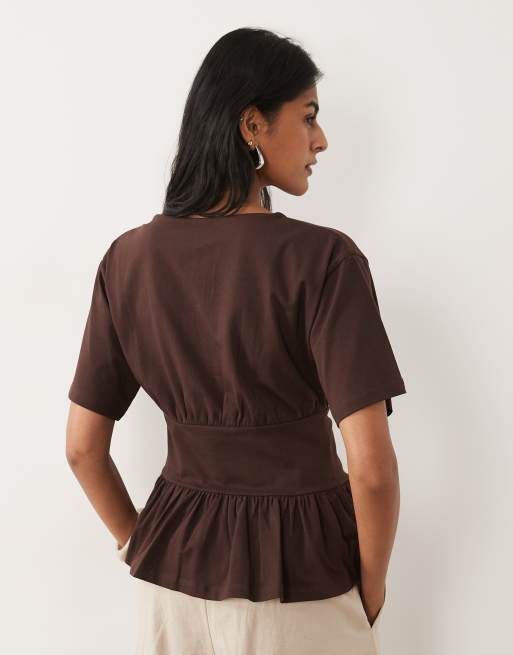 ASOS DESIGN cinched waist wrap top in chocolate, 4 of 4