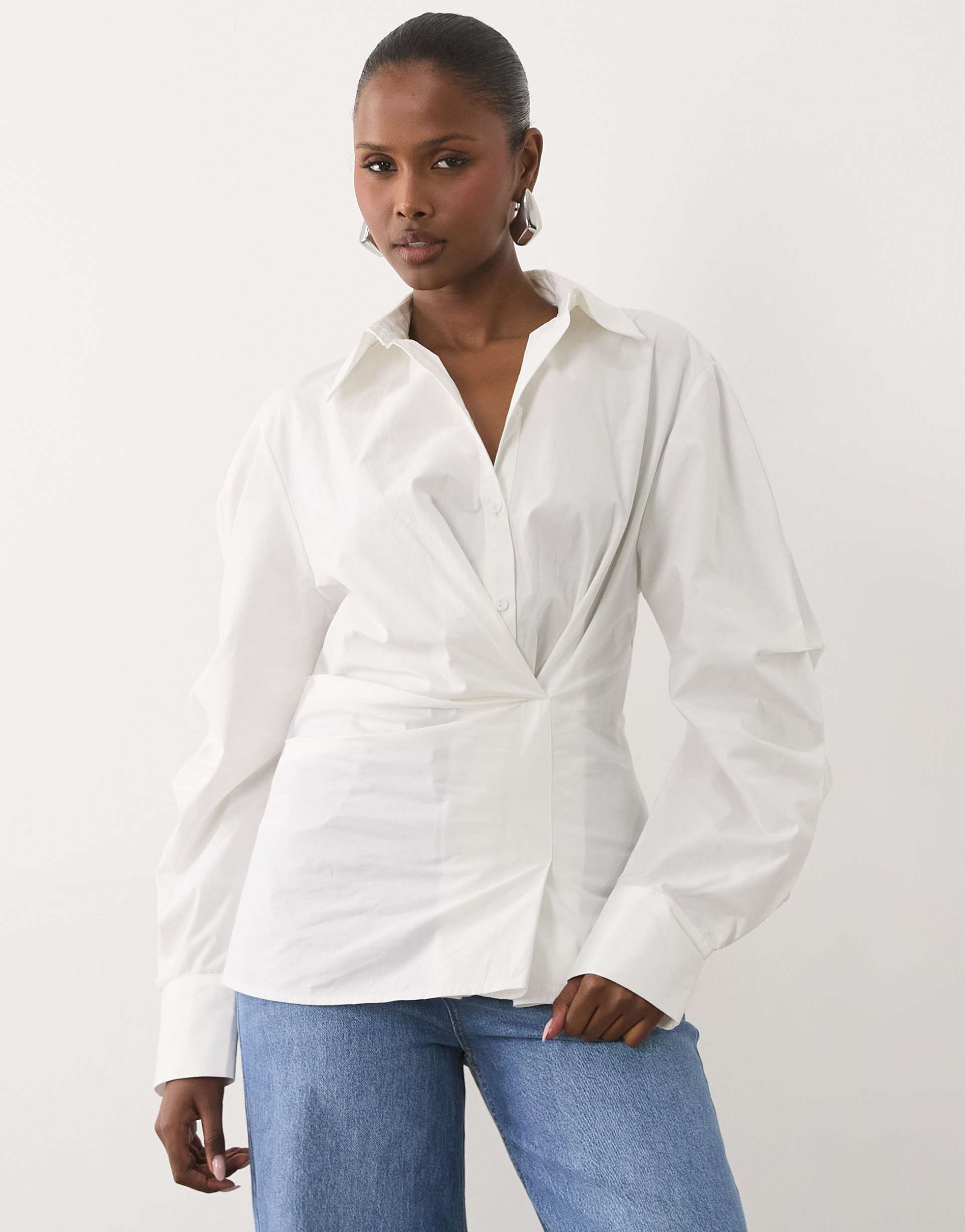 asos design cinched wrap cocoon sleeve shirt in white