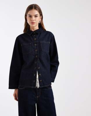 Asos Design Cinched Wrap Denim Shirt In Blue